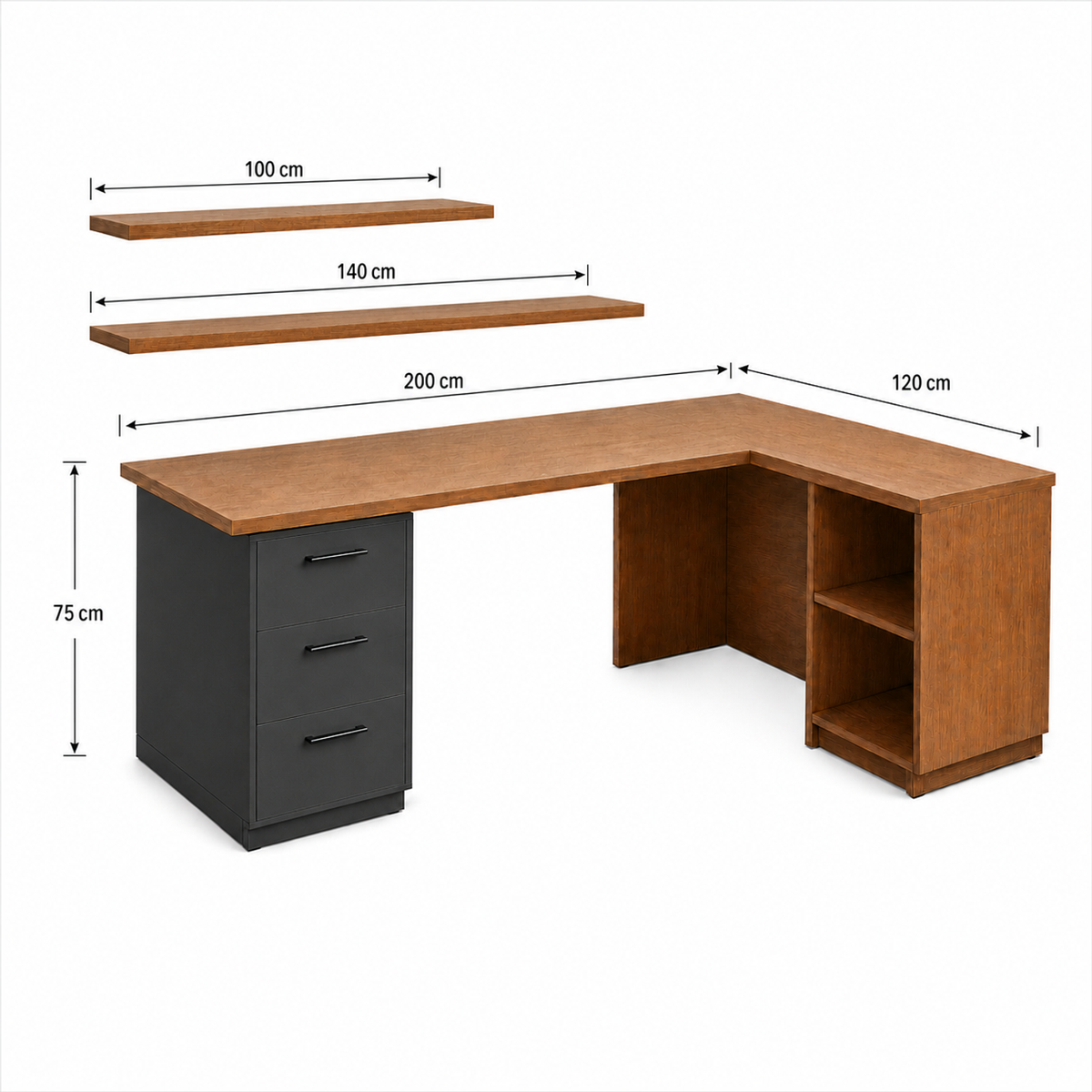 Corner Desk dimensions: 200 × 120 × 75 cm with 140 and 100 cm shelves