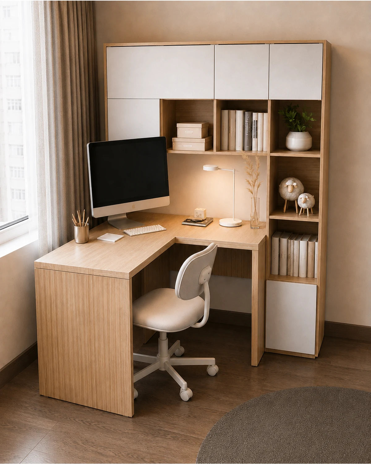 Corner Desk with Hutch and cabinet for a computer workspace
