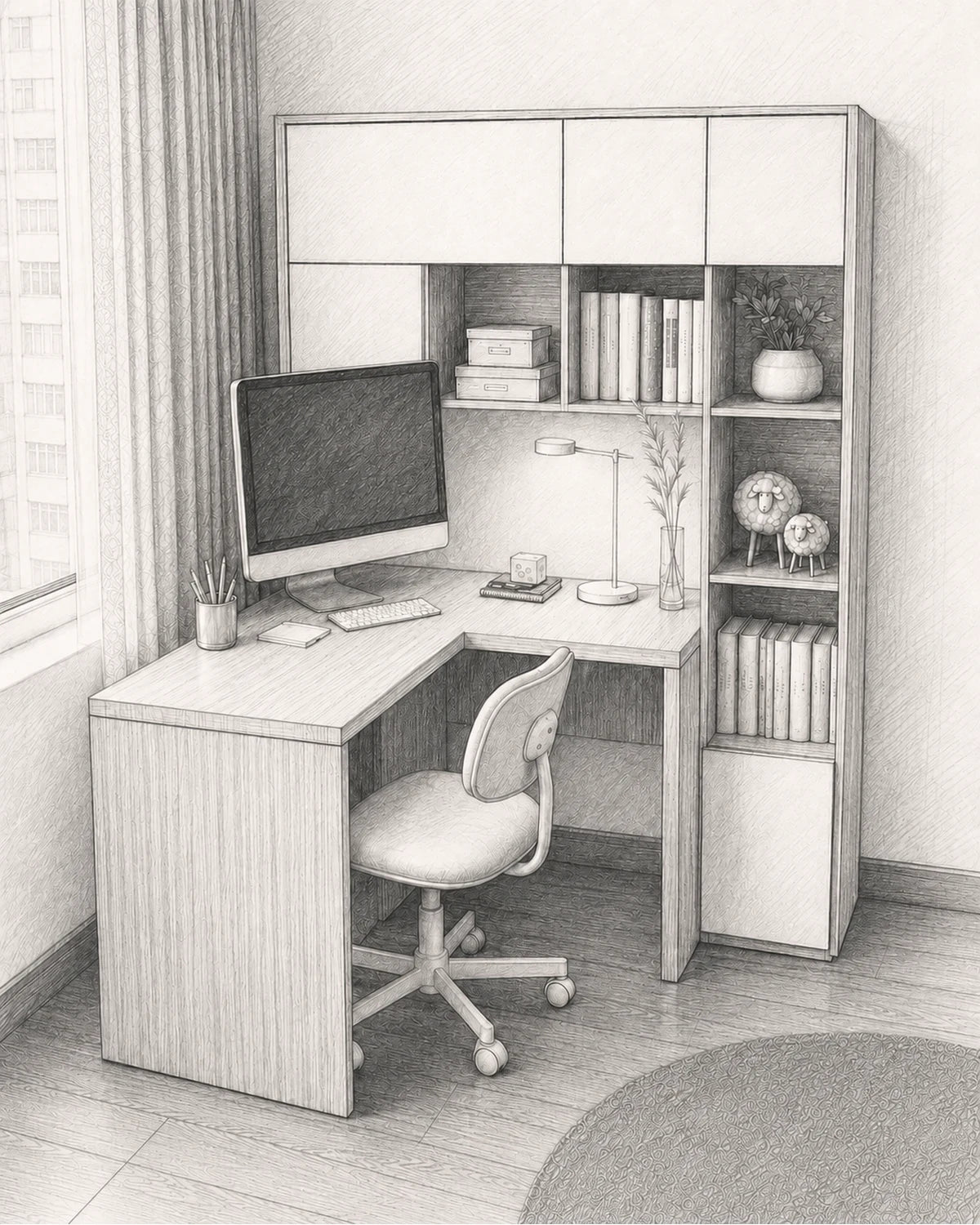 Pencil sketch of an L-shaped Corner Desk with Hutch