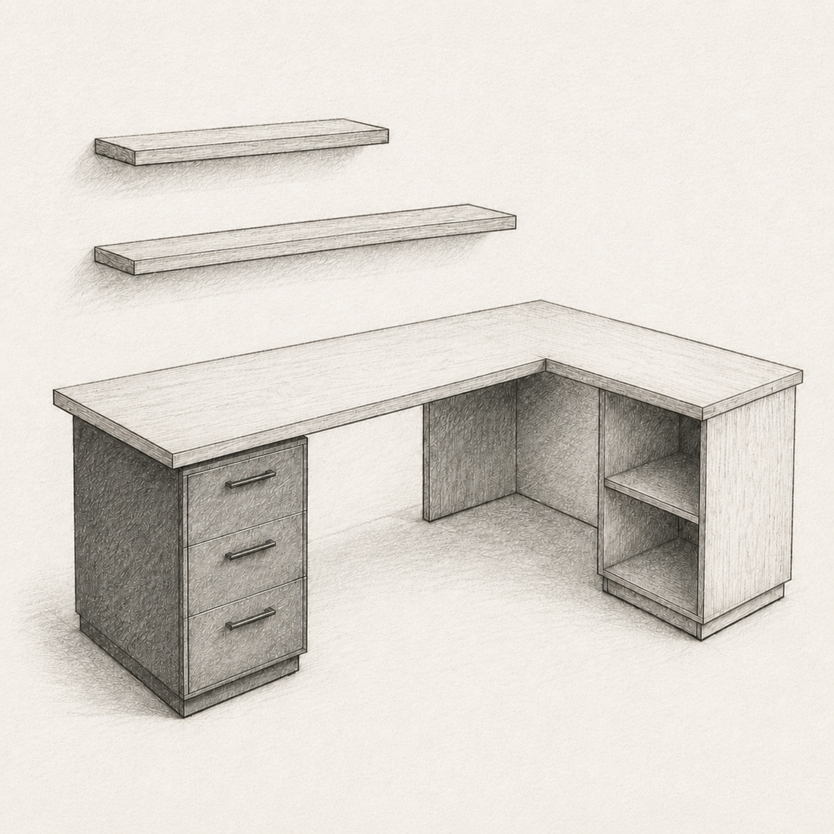Corner Desk technical sketch with storage units and wall shelves