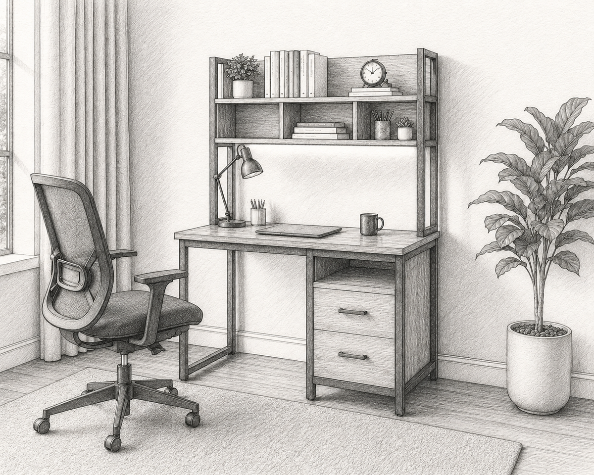 Pencil-style illustration of the desk with overhead hutch and two drawers.