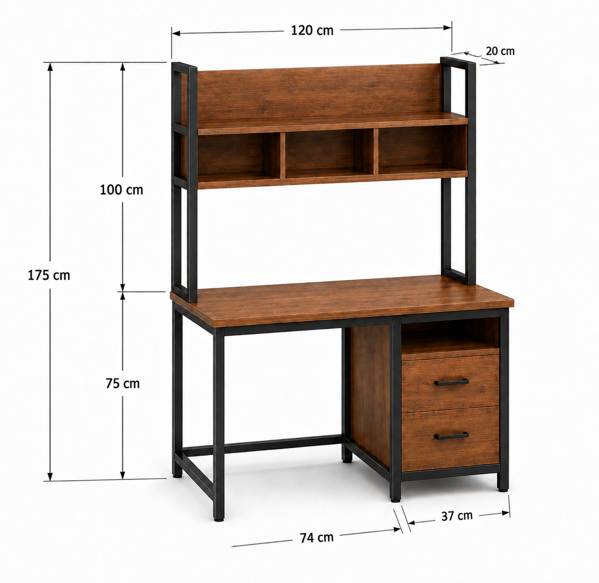 Desk dimensions: 120 cm wide, 75 cm desk height and 175 cm overall height including hutch.