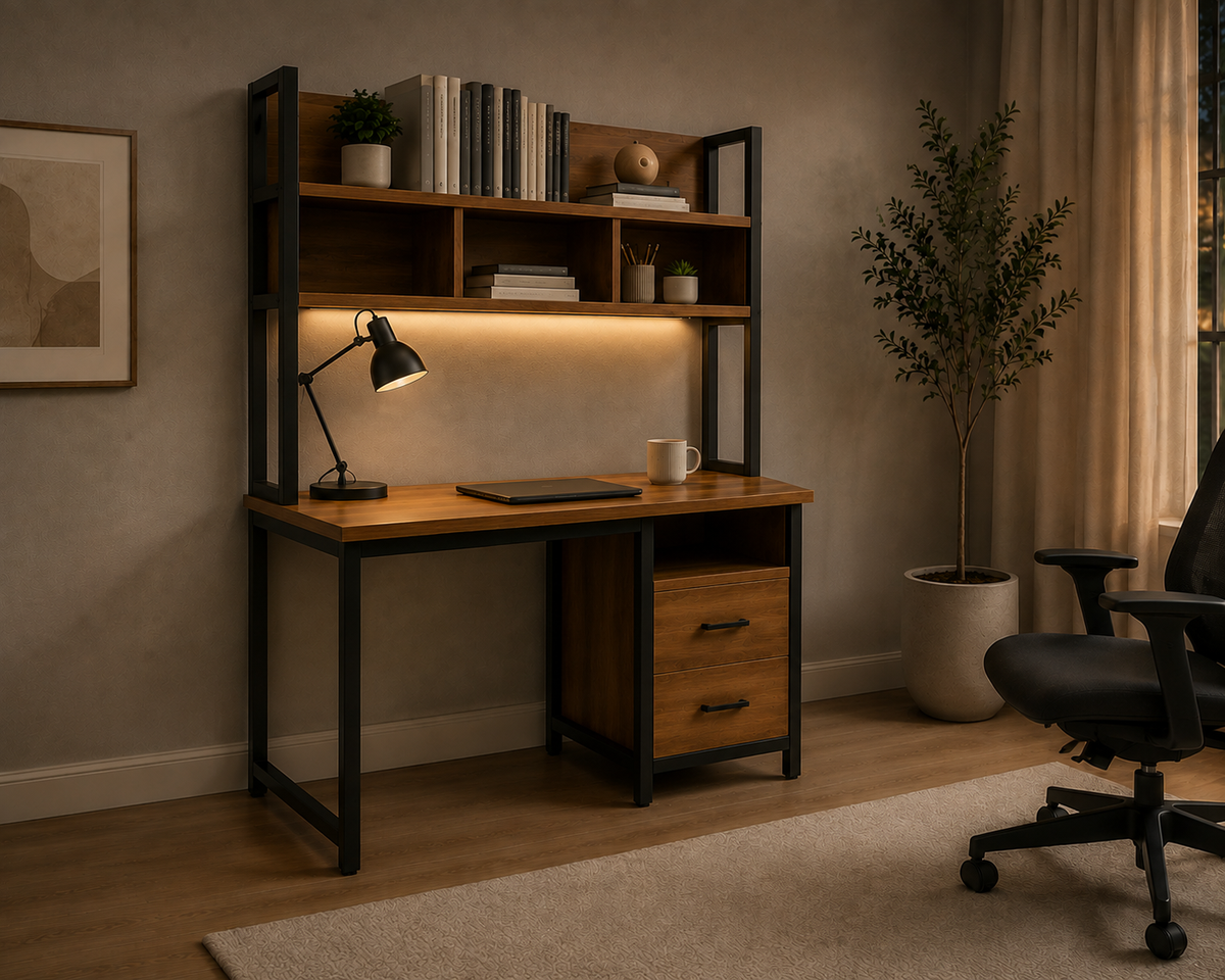 Wood-finish desk with black metal frame in a room; lighting is for display only.